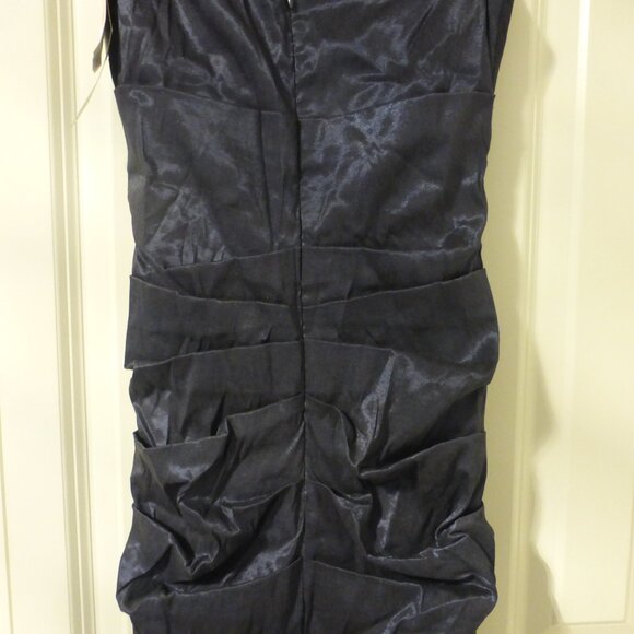 LE CHATEAU navy blue shimmery satin ruched cocktail party midi dress - Picture 8 of 9